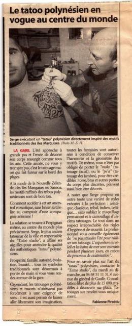 Revue de presse du 19 avril 2002 par l' indpendant Perpignan (Languedoc Roussillon).Tattoo Evolution Perpignan
